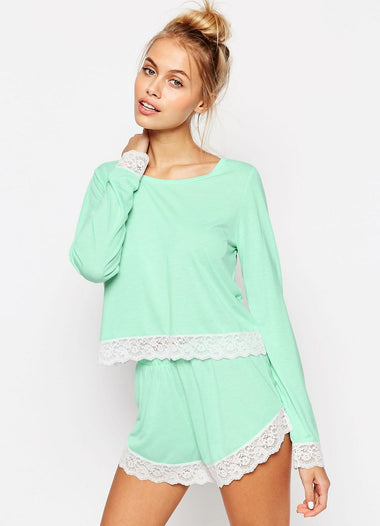 Lace Trim Long Sleeve Tee & Short Pyjama Set