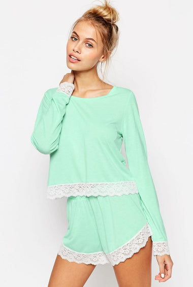 Lace Trim Long Sleeve Tee & Short Pyjama Set